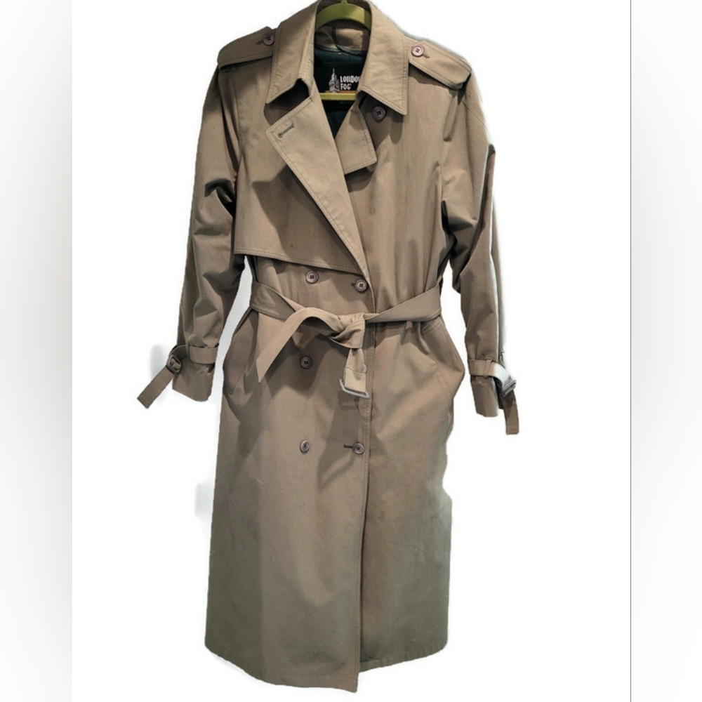 London Fog Womens Fully Lined waterproof Trenchcoat Army Green w. Umbrella Sz 12